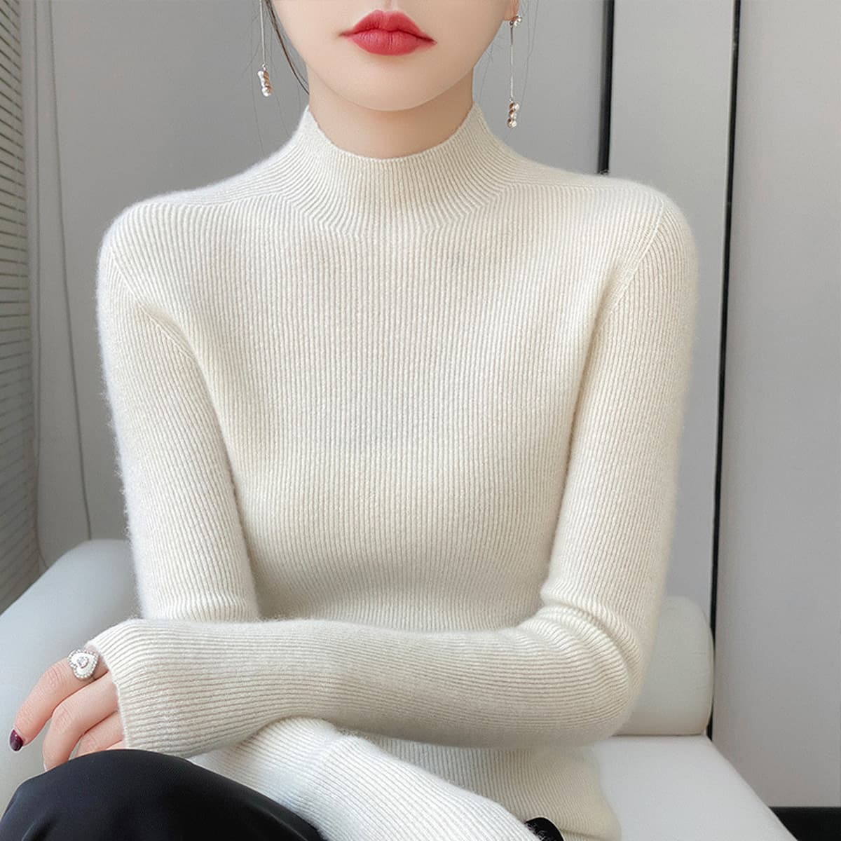 Шерстяная нижняя рубашка с первой линией, женская осень-зима, новый полувысокий воротник, тонкий свитер, тонкий кашемировый...