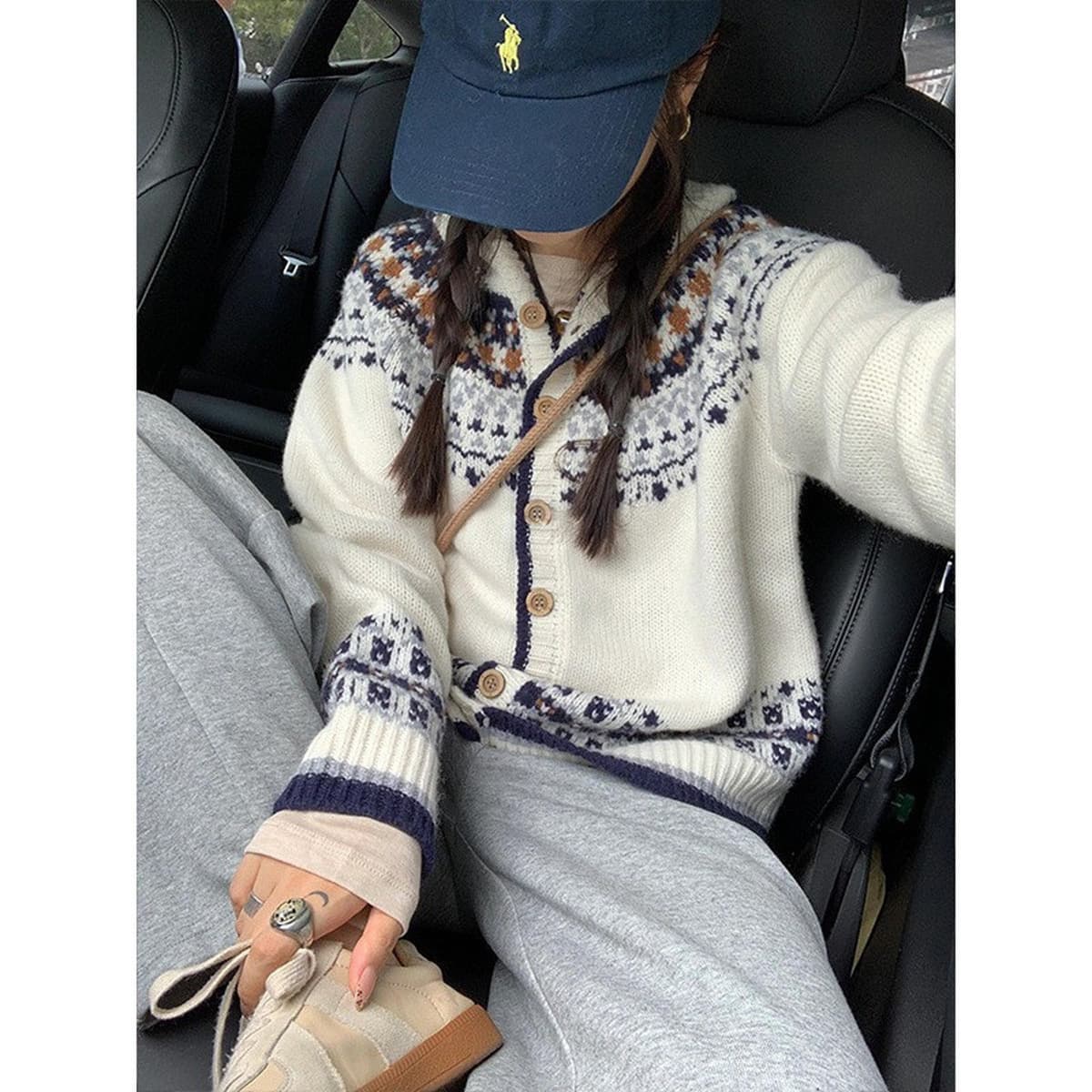 Женский кардиган KANING в стиле ретро Fair Isle с жаккардовым узором, мягкий вощеный свитер-жакет, новинка осени-зимы 2025...