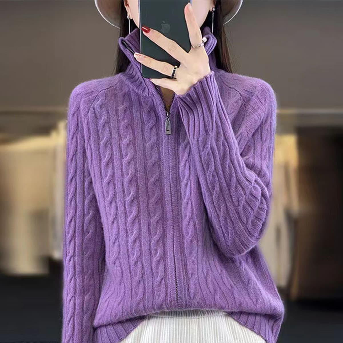 Осенний и зимний новый шерстяной кардиган с высоким воротом женский свитер на молнии свитер вязаный свитер свободная толстая...