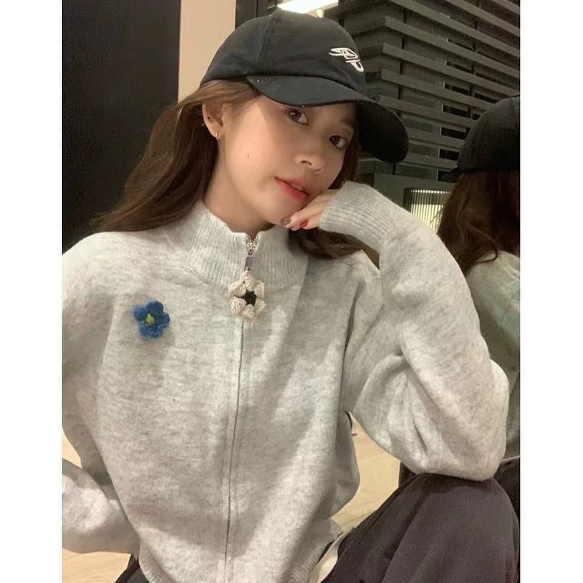 Серый свитер с высоким воротником и молнией того же дизайна для женщин, весенний, осенний и зимний маленький свободный...