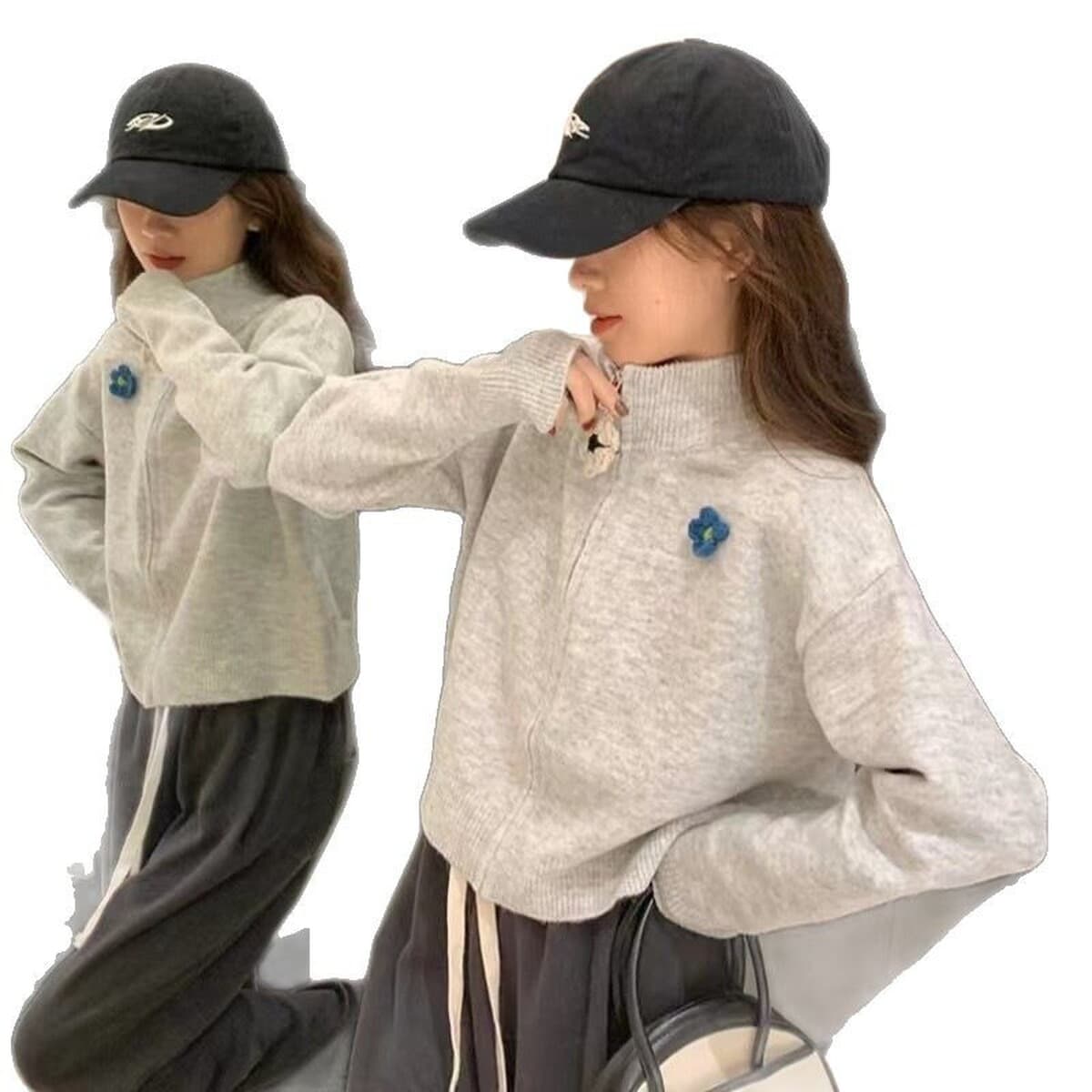 Серый свитер с высоким воротником и молнией того же дизайна для женщин, весенний, осенний и зимний маленький свободный...