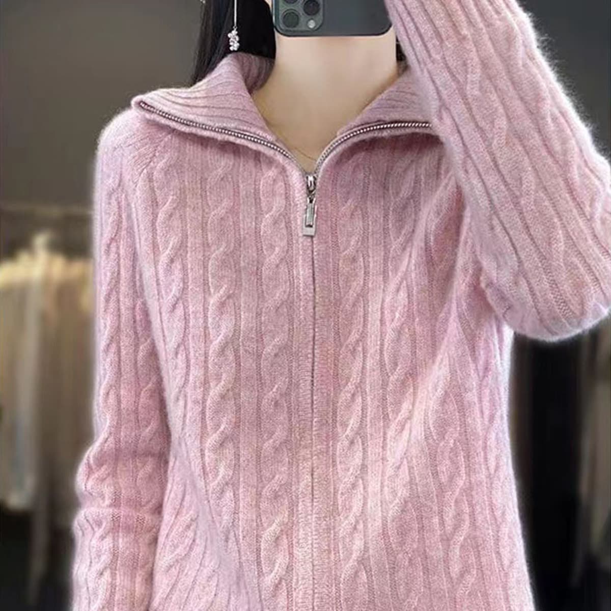 Осенне-зимний женский кардиган с высоким воротником из искусственной шерсти, свитер крупной вязки на молнии, свободное...
