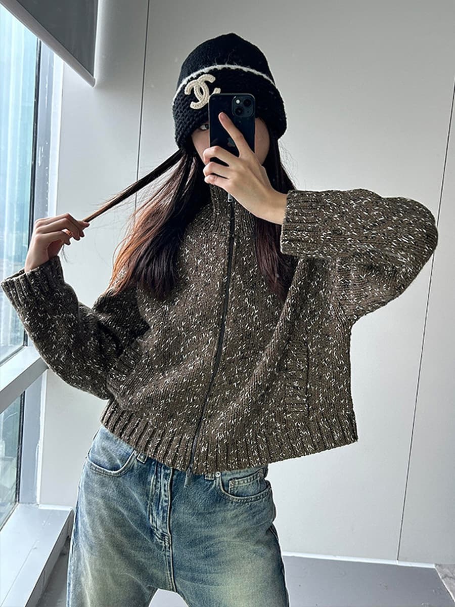 Новинка осени/зимы 2025: Женский повседневный кардиган из смесовой шерсти с цветными блоками, фактурной вязкой, молнией и...