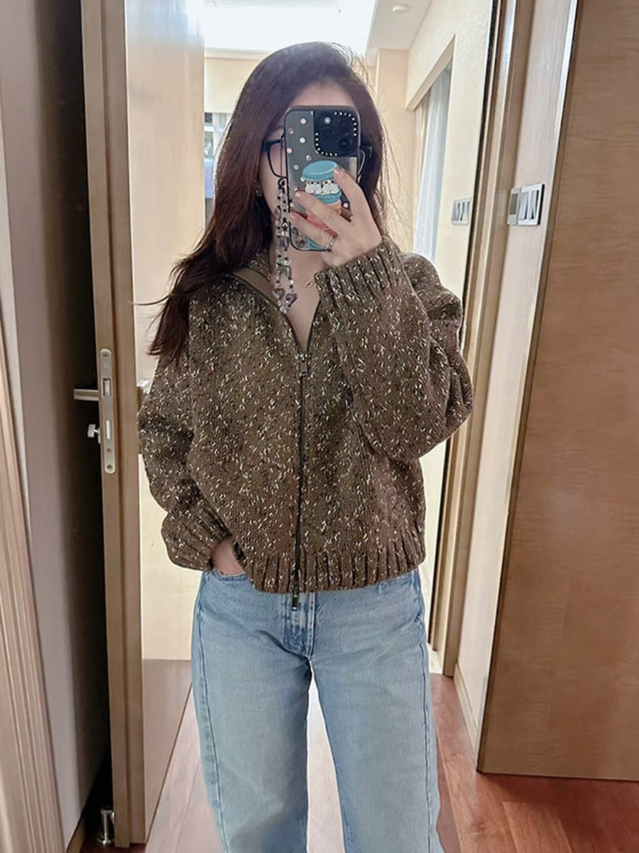 Новинка осени/зимы 2025: Женский повседневный кардиган из смесовой шерсти с цветными блоками, фактурной вязкой, молнией и...