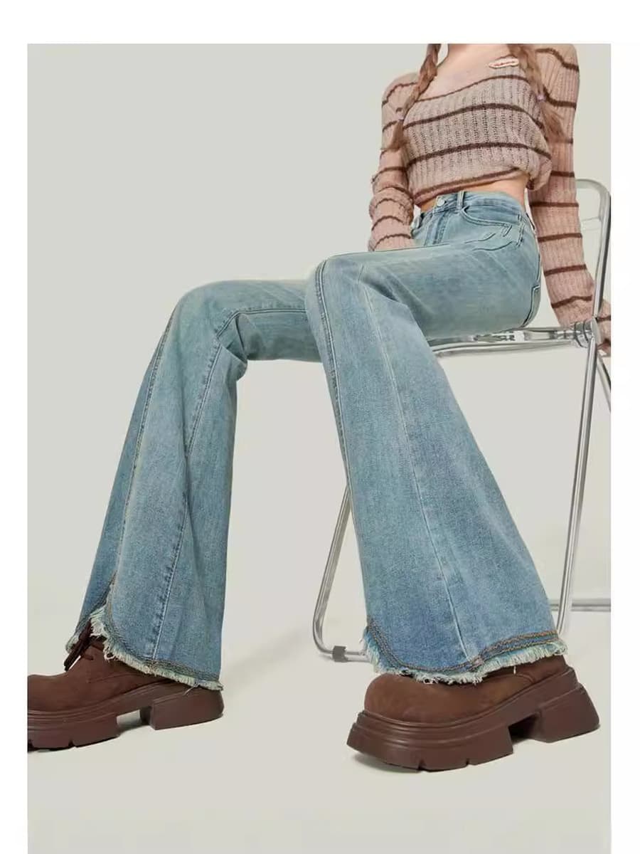 Светло-голубые микро-клеш джинсы с необработанным краем для женщин, осень 2024, новые утягивающие брюки с высокой талией в...