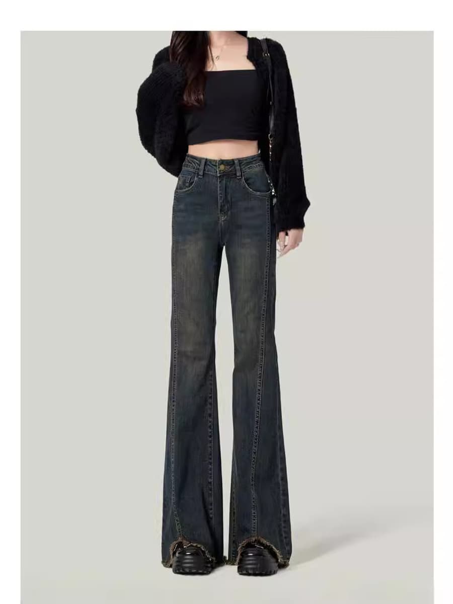 Светло-голубые микро-клеш джинсы с необработанным краем для женщин, осень 2024, новые утягивающие брюки с высокой талией в...