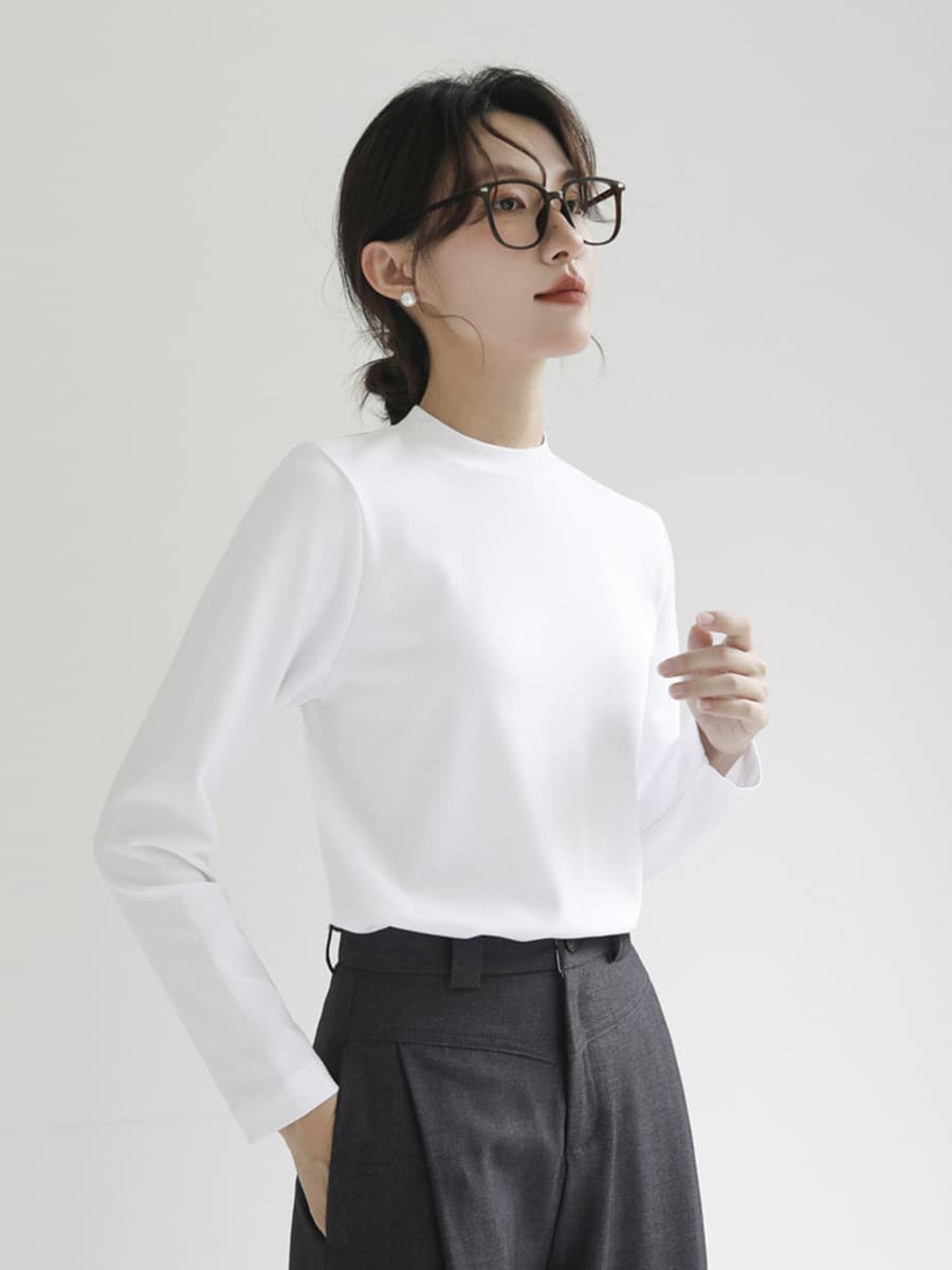 Минималистичная маленькая футболка из чистого хлопка с воротником-стойкой, женская рабочая одежда с длинными рукавами,...