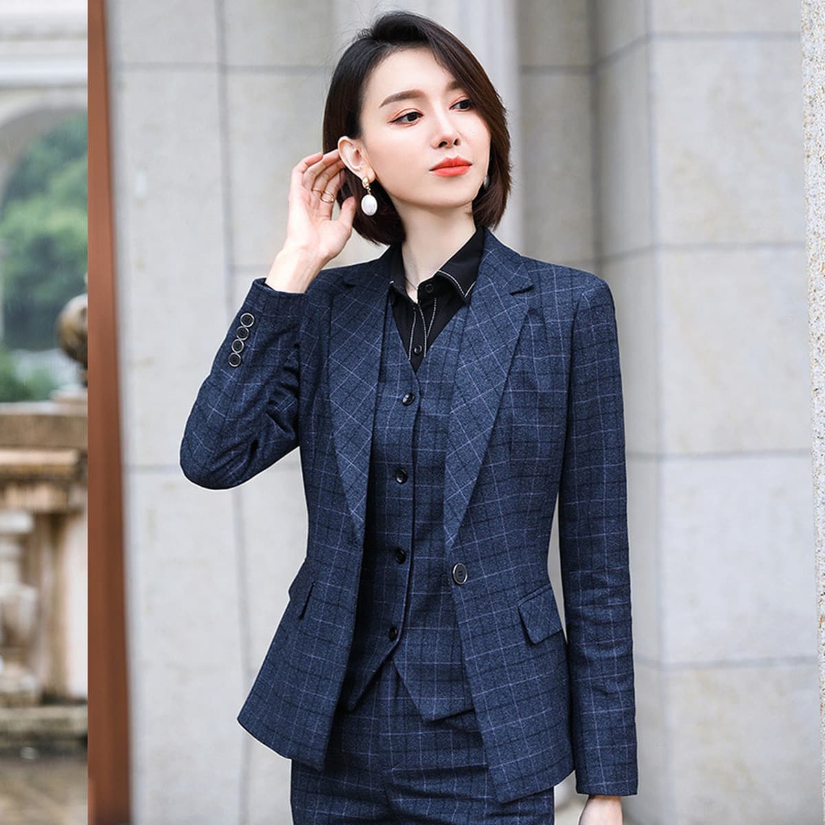Осенне-зимний клетчатый костюм, брюки, Женская Деловая одежда из четырех предметов, формальная одежда, рабочая одежда,...