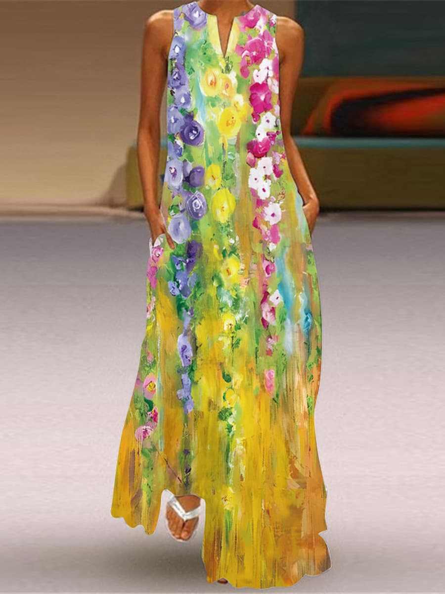 Новое летнее женское платье 2026 года без рукавов с V-образным вырезом, с принтом, сексуальное, длинное, в европейском и...