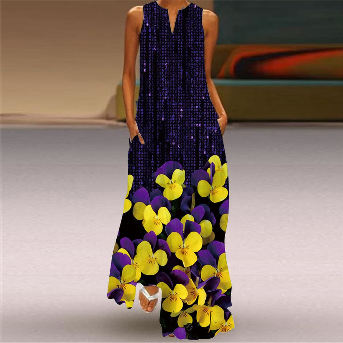 Новое летнее женское платье 2026 года без рукавов с V-образным вырезом, с принтом, сексуальное, длинное, в европейском и...