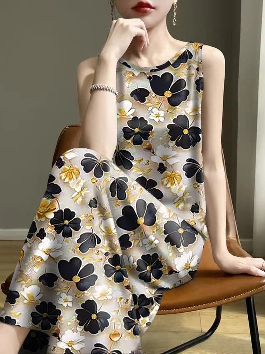 Оптовая продажа 2025 летняя дамочка выжатый возраст летний принт без рукавов, чтобы носить платье-жилет внутри и снаружи