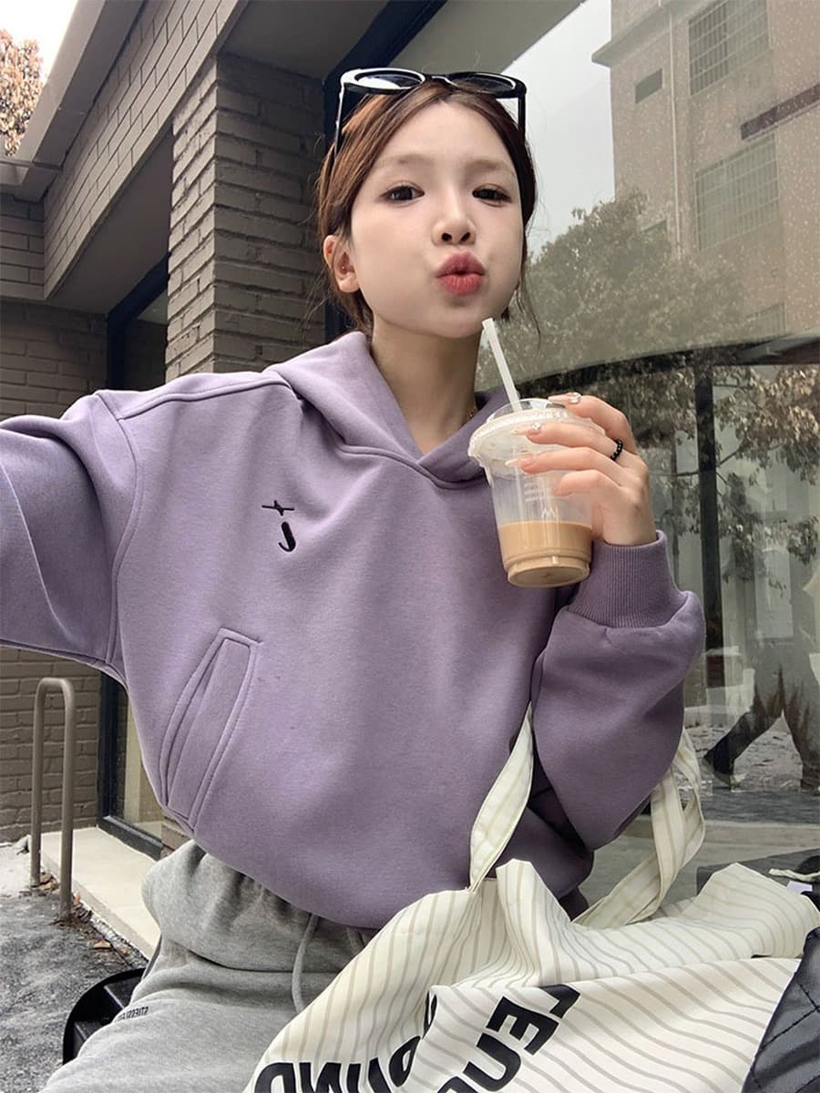 Фиолетовый с капюшоном американский свитер женский весна и осень 2025 новый толстый теплый свободный дикий короткий ленивый...