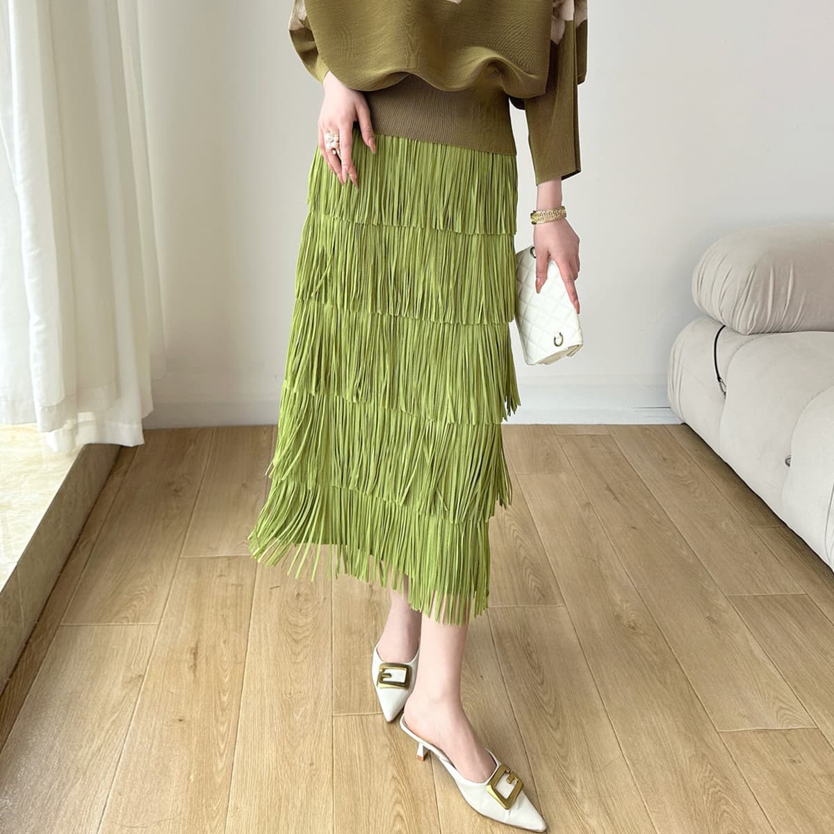 Mitsu 2025 новый складчатый пятислойный юбка с кисточками, женский дизайн, свободный весной и летом с высокой талией, тонкая...