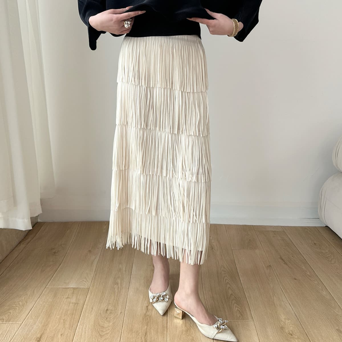 Mitsu 2025 новый складчатый пятислойный юбка с кисточками, женский дизайн, свободный весной и летом с высокой талией, тонкая...
