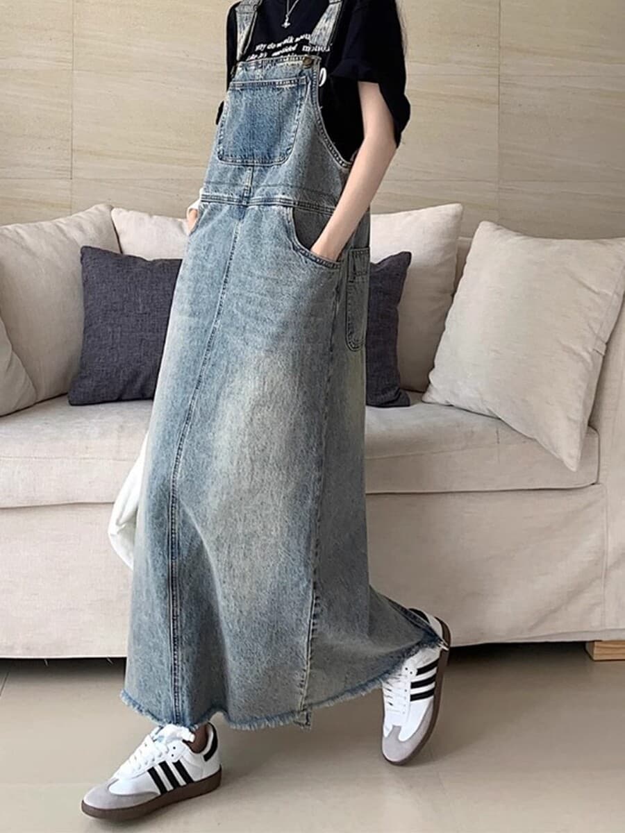 Светлое ретро джинсовое платье женское 2025 весна и лето новое свободное прямое платье-подтяжка высокое платье-ремешок