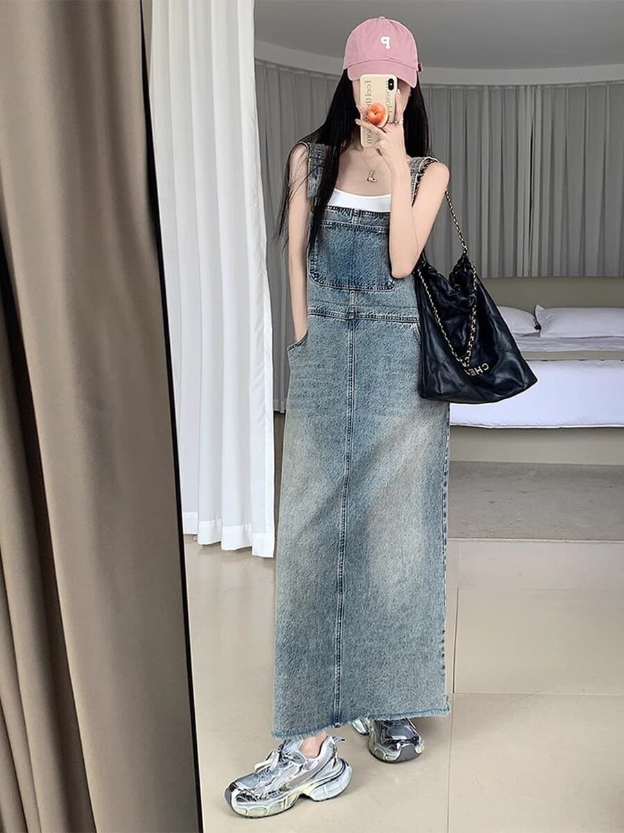 Светлое ретро джинсовое платье женское 2025 весна и лето новое свободное прямое платье-подтяжка высокое платье-ремешок