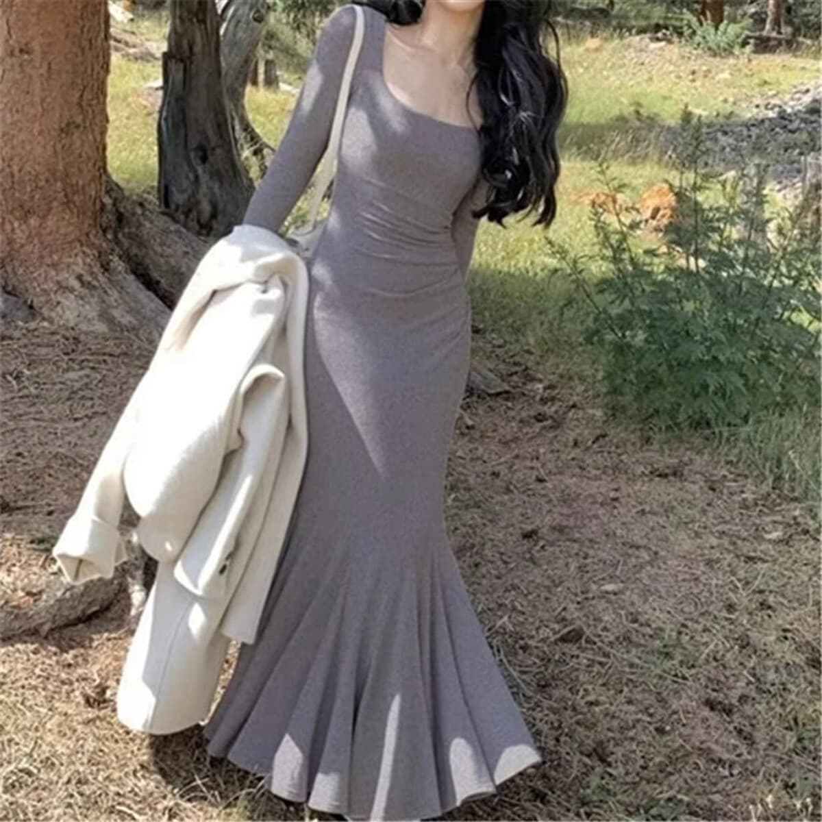 Высокая версия, пошаговое флисовое платье в стиле Лотос, женское осенне-зимнее новое платье-футляр для похудения на талии,...