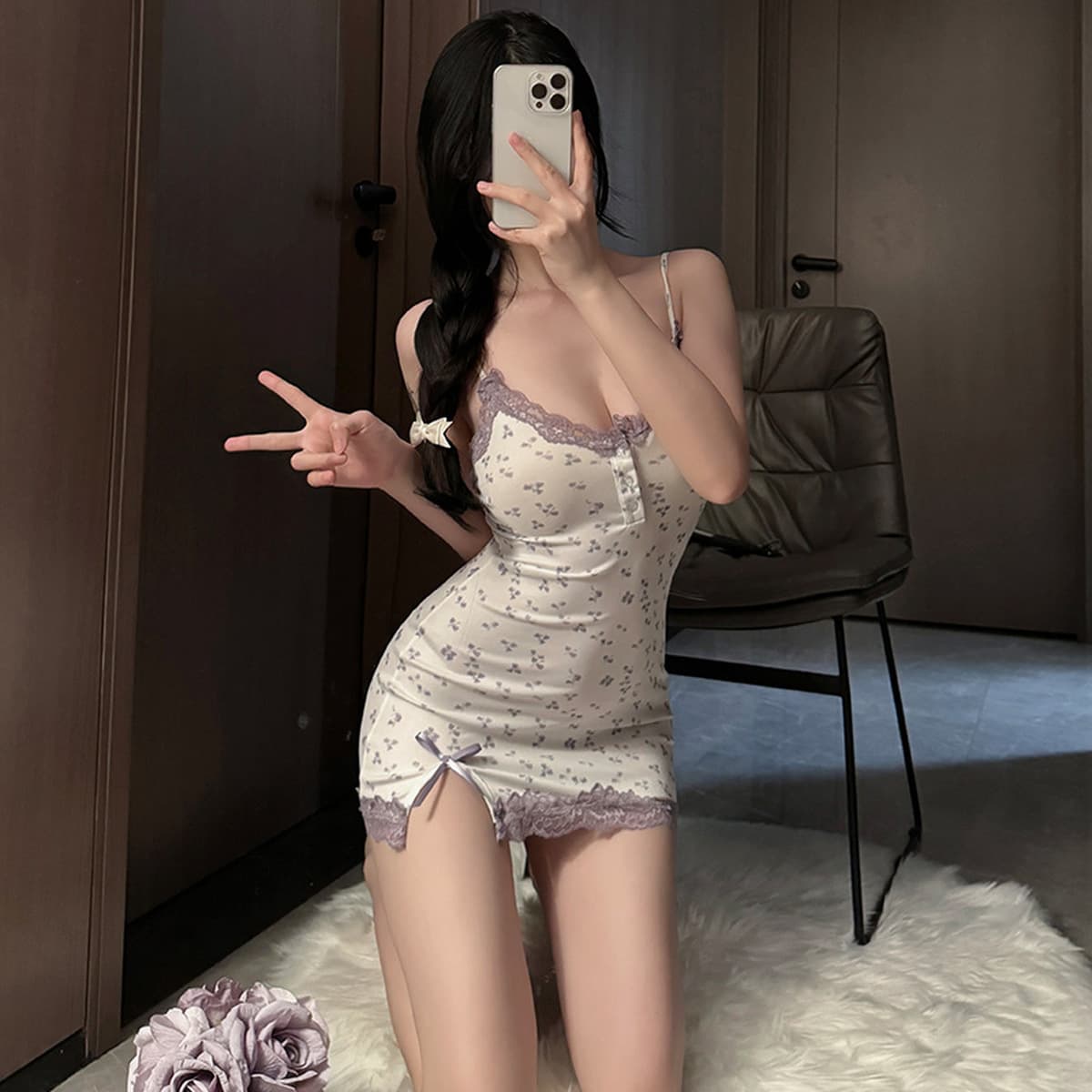 Pure Girl Пижама Черная бабочка кружева Модаль Сексуальная юбка-подтяжка Супер короткая стройная облегная пряная девушка...