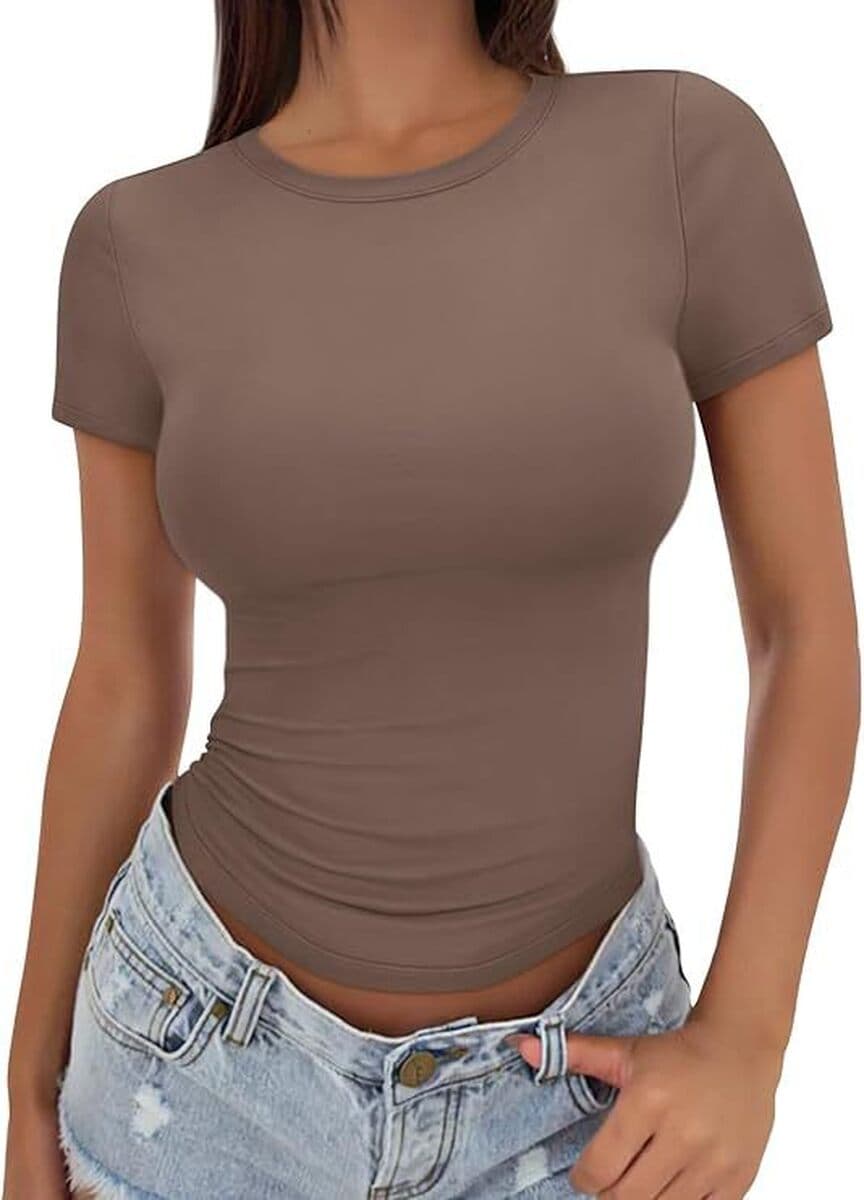 2025 Трансграничный досуг Летние дикие узкие с высоким круглым вырезом футболка с короткими рукавами тонкая девушка горячий...