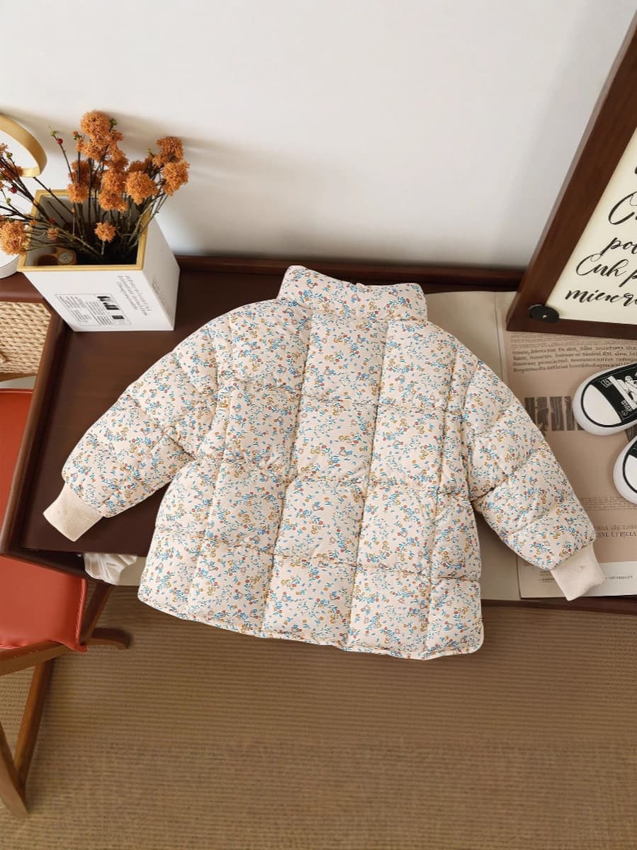 Утепленная куртка-пуховик в корейском стиле с воротником-стойкой и цветочным принтом для девочек, теплая и идеально...