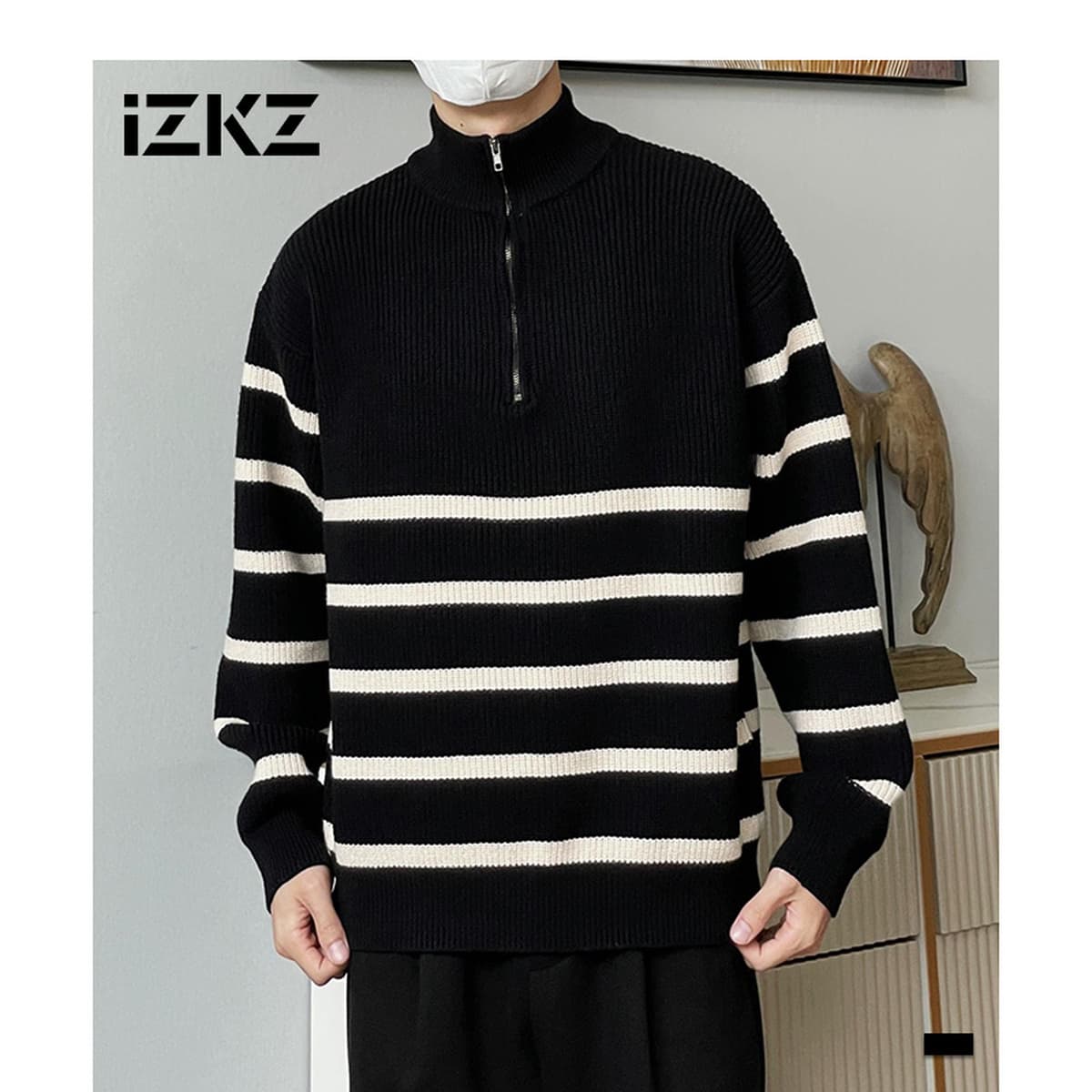 Мужские свитера осень-зима новая мужская одежда теплая внутренняя нить в полоску стоячий воротник свободный большой размер...
