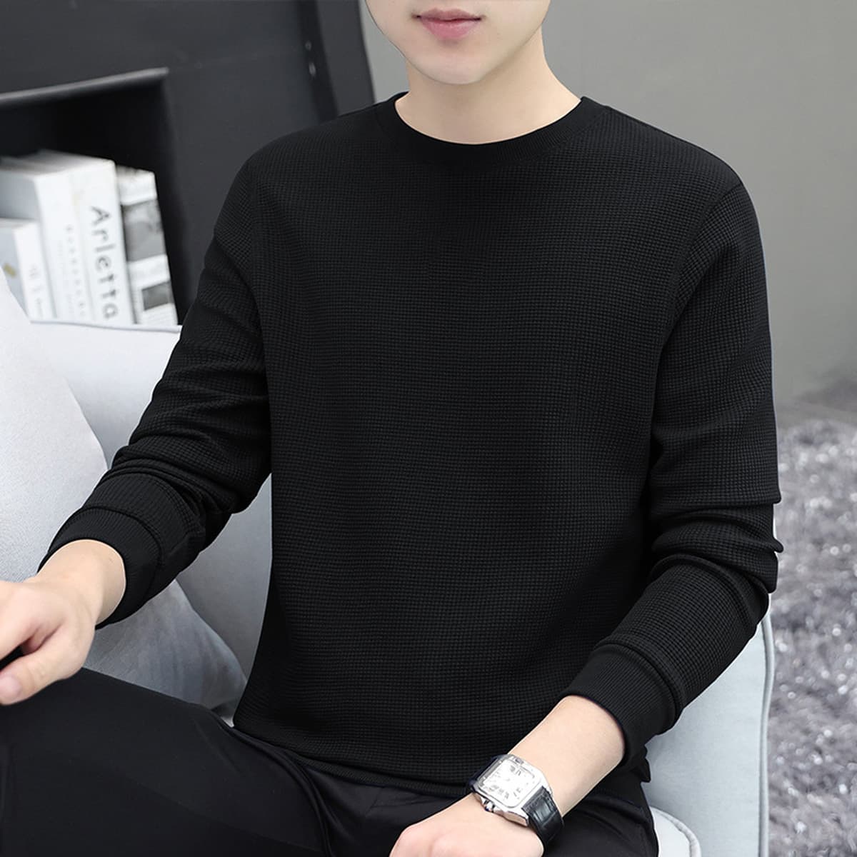 Мужская толстовка из плотного вафельного трикотажа 320 г, с длинным рукавом, новая модная базовая футболка-топ для осени и...