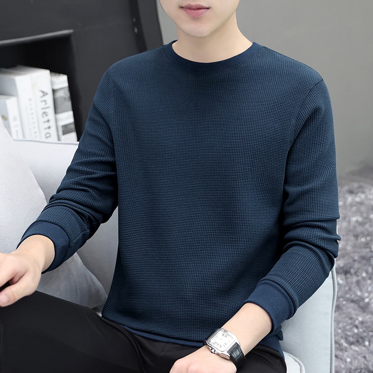 Мужская толстовка из плотного вафельного трикотажа 320 г, с длинным рукавом, новая модная базовая футболка-топ для осени и...