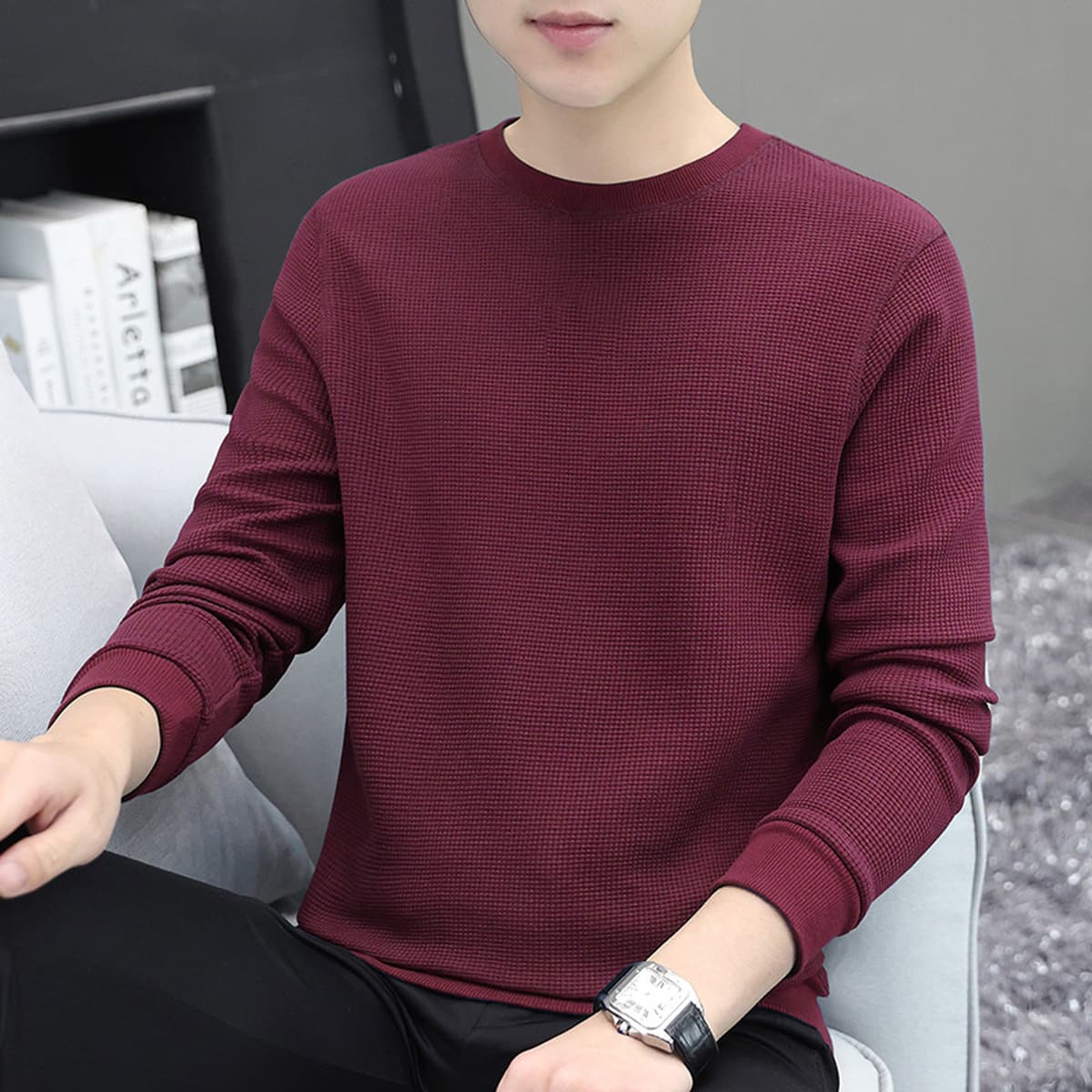 Мужская толстовка из плотного вафельного трикотажа 320 г, с длинным рукавом, новая модная базовая футболка-топ для осени и...