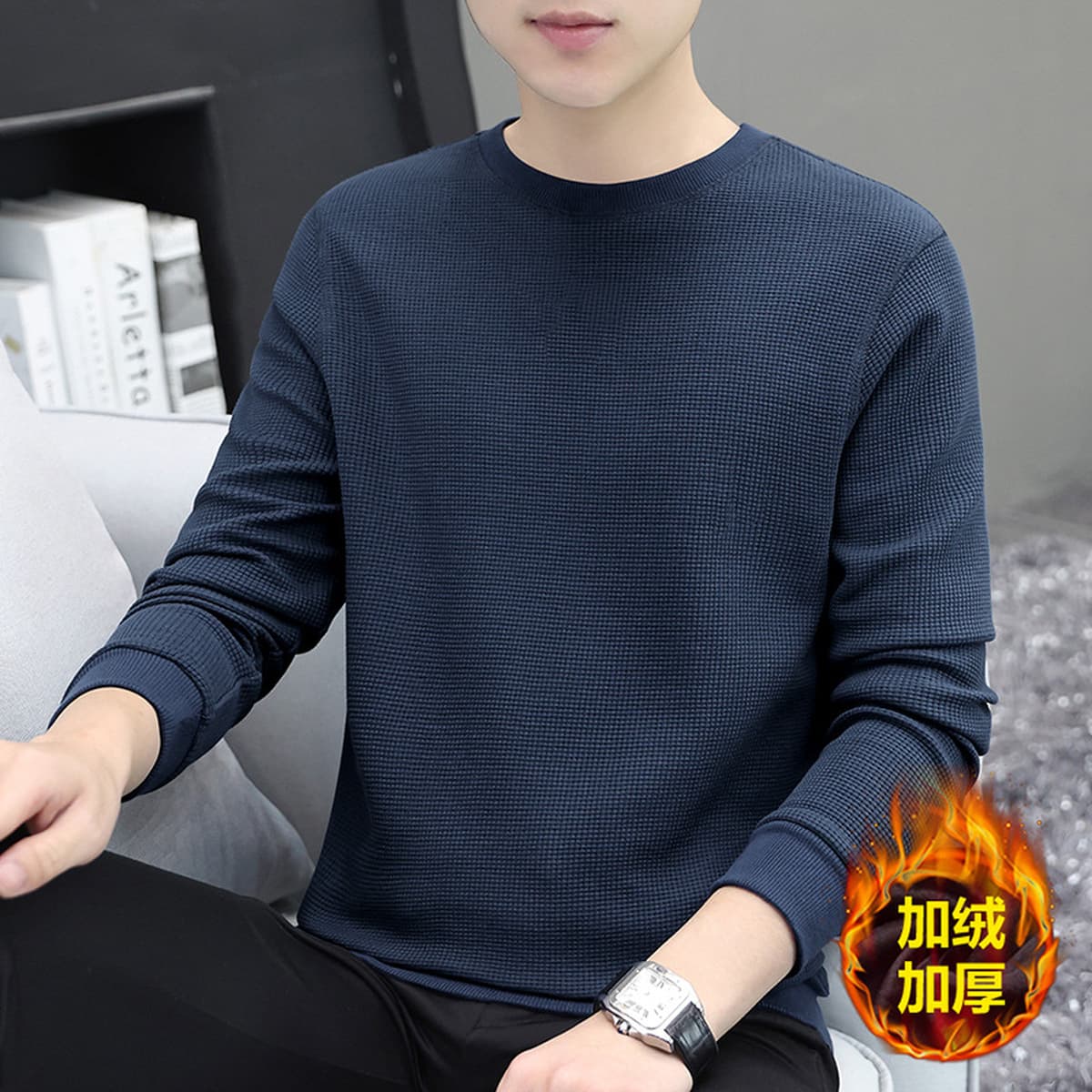 Мужская толстовка из плотного вафельного трикотажа 320 г, с длинным рукавом, новая модная базовая футболка-топ для осени и...