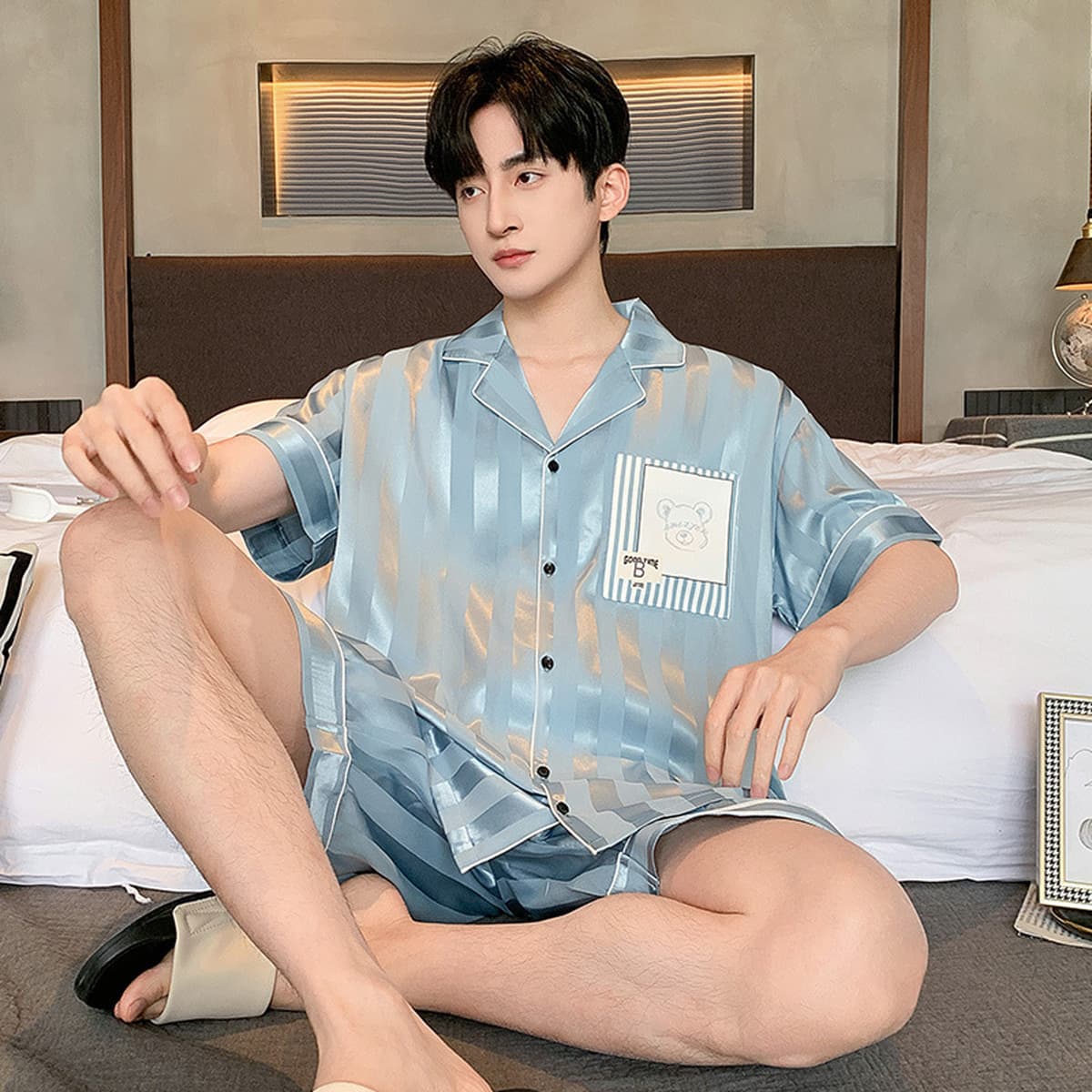 Подростковая ледяная шелковая пижама для мужчин 2025 летний минималистский кардиган тонкий шелковый костюм с короткими...