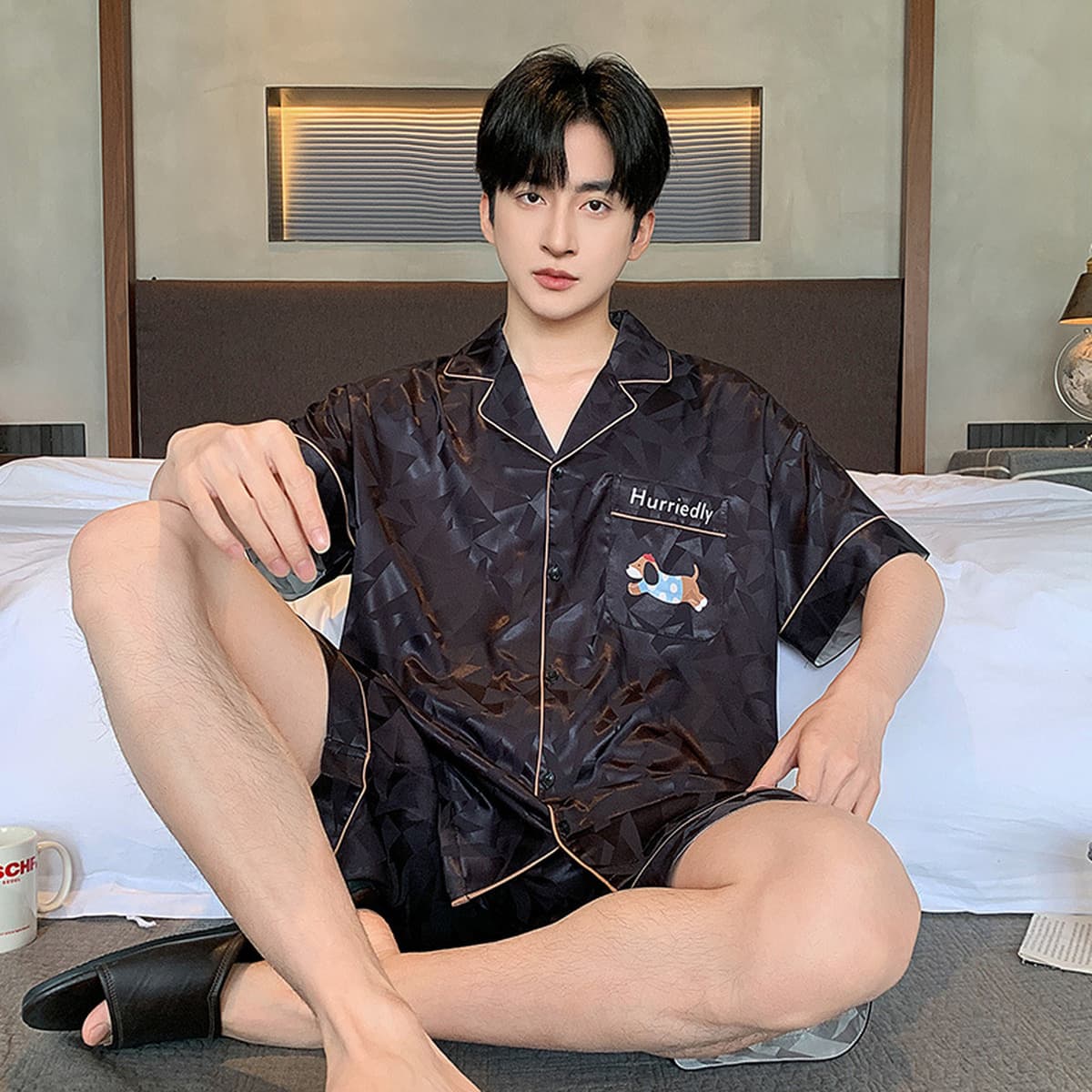 Подростковая ледяная шелковая пижама для мужчин 2025 летний минималистский кардиган тонкий шелковый костюм с короткими...