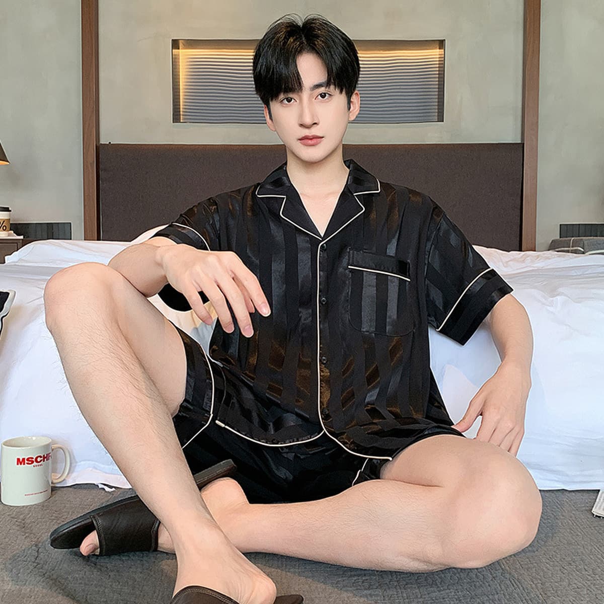 Подростковая ледяная шелковая пижама для мужчин 2025 летний минималистский кардиган тонкий шелковый костюм с короткими...