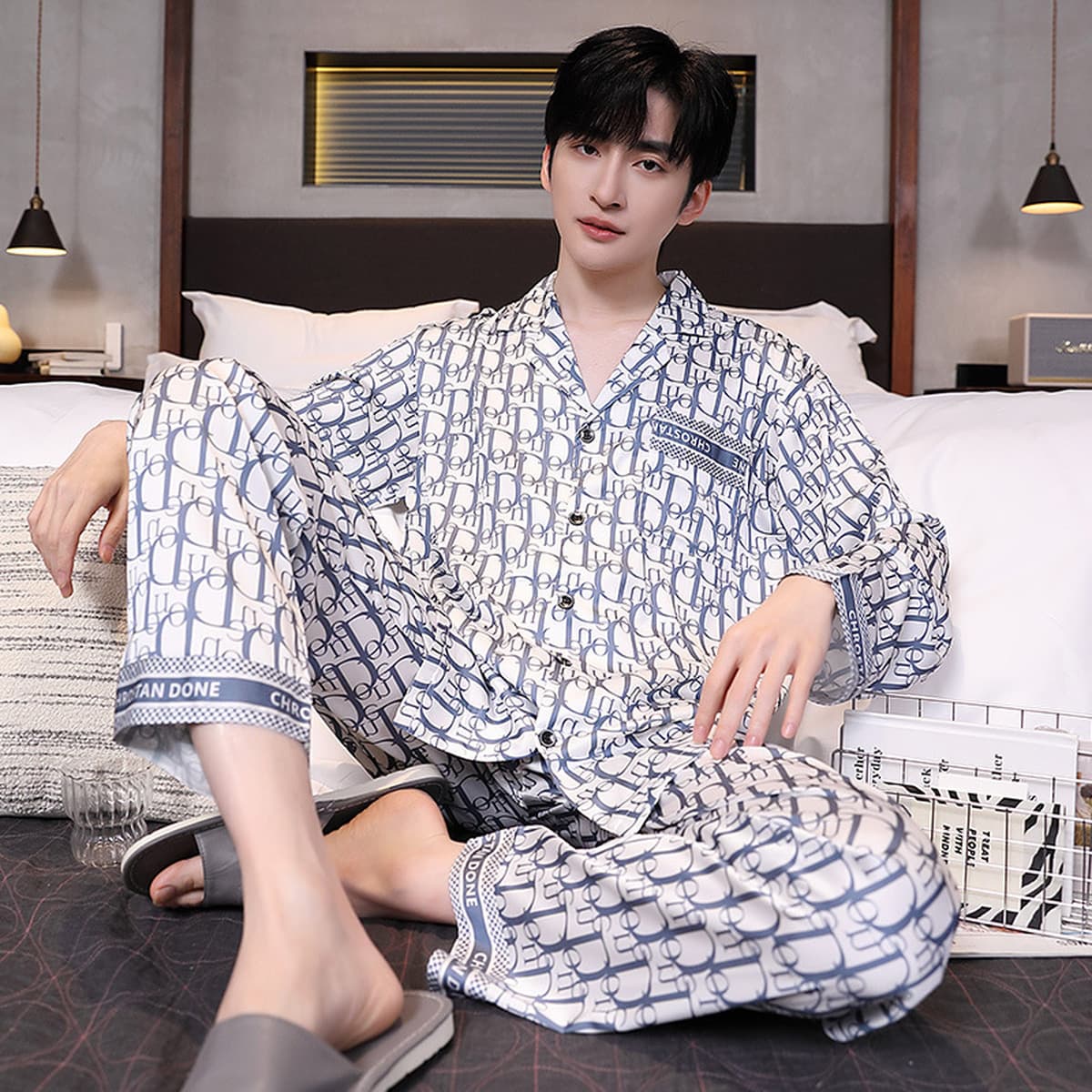 Подростковая ледяная шелковая пижама для мужчин 2025 летний минималистский кардиган тонкий шелковый костюм с короткими...