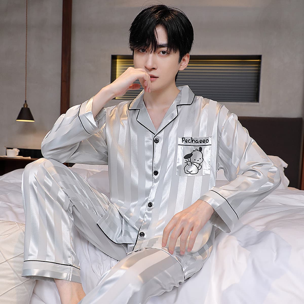 Подростковая ледяная шелковая пижама для мужчин 2025 летний минималистский кардиган тонкий шелковый костюм с короткими...