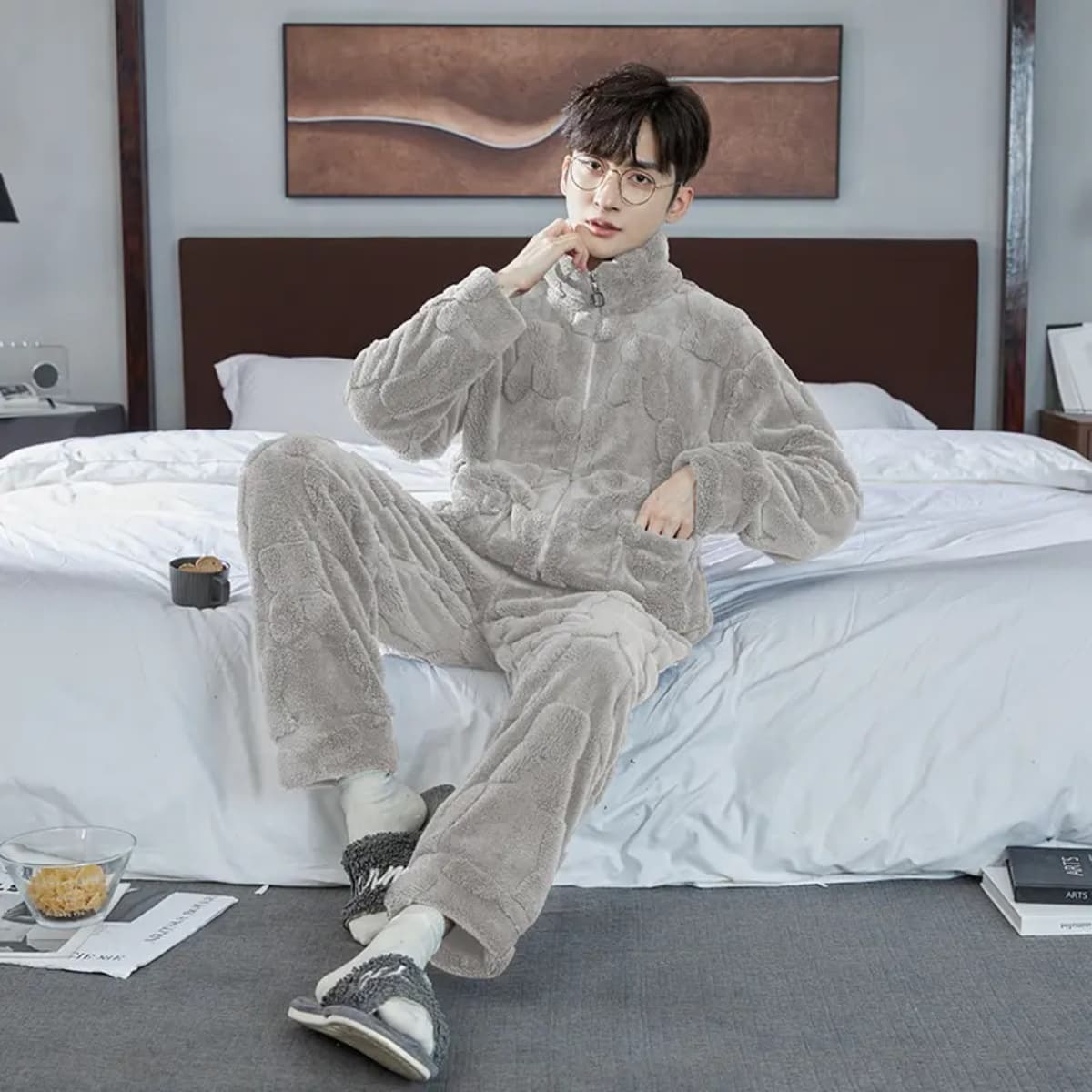 Мужская пижама коралловый бархат осенняя зима утолщение молнии плюс бархат с длинными рукавами теплая фланелевая домашняя...