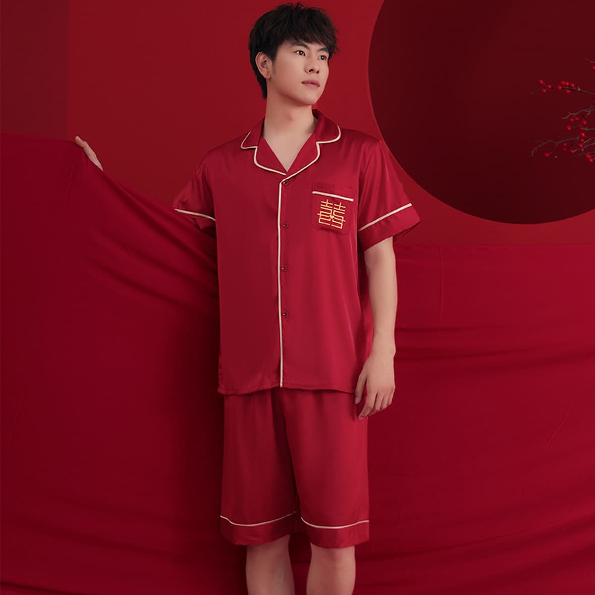 Пара пижамы красная свадебная женщина весной и осенью атласный с короткими рукавами