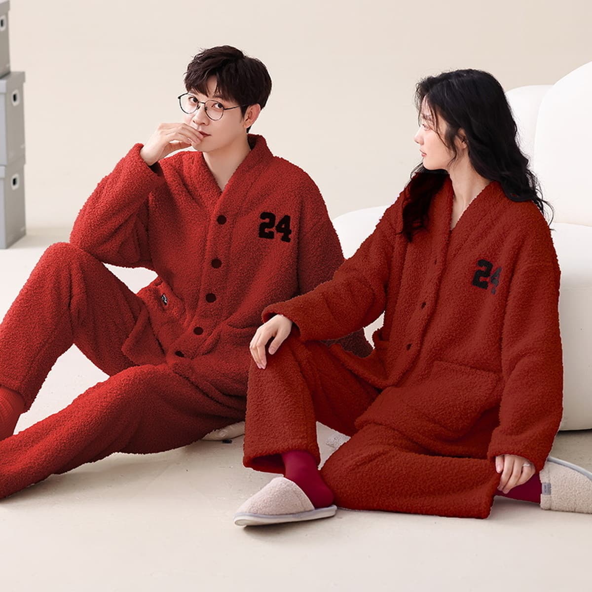Lushi зимняя утолщенная пара коралловых флисовых пижам костюм женский Свадебный Праздничный год рождения большая красная...