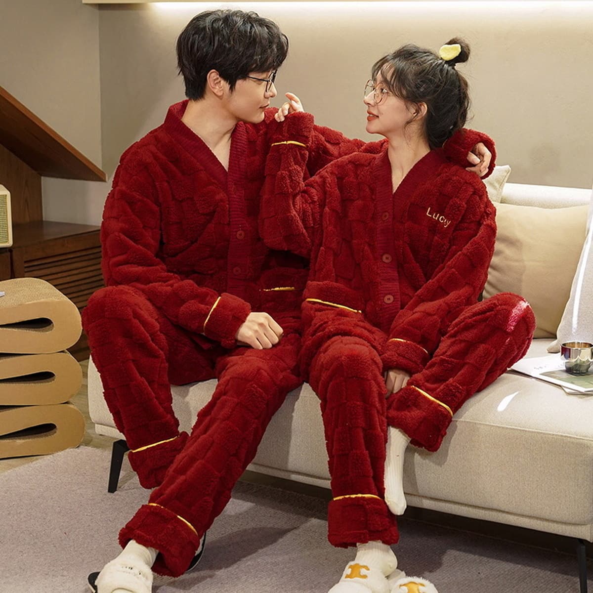 Lushi зимняя утолщенная пара коралловых флисовых пижам костюм женский Свадебный Праздничный год рождения большая красная...