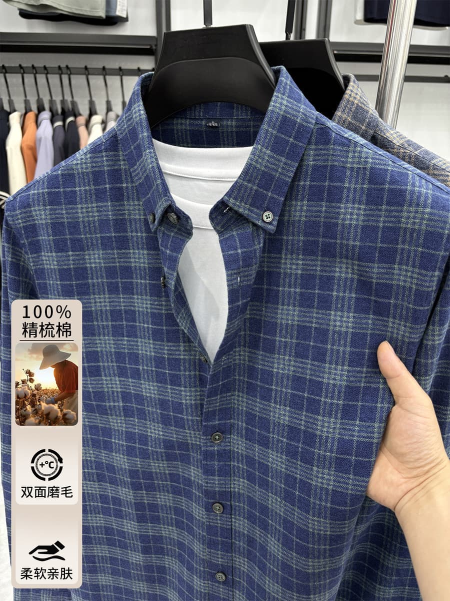 Новая осенне-зимняя мужская рубашка из чистого хлопка с начесом в клетку, синяя клетчатая, высококачественная повседневная...