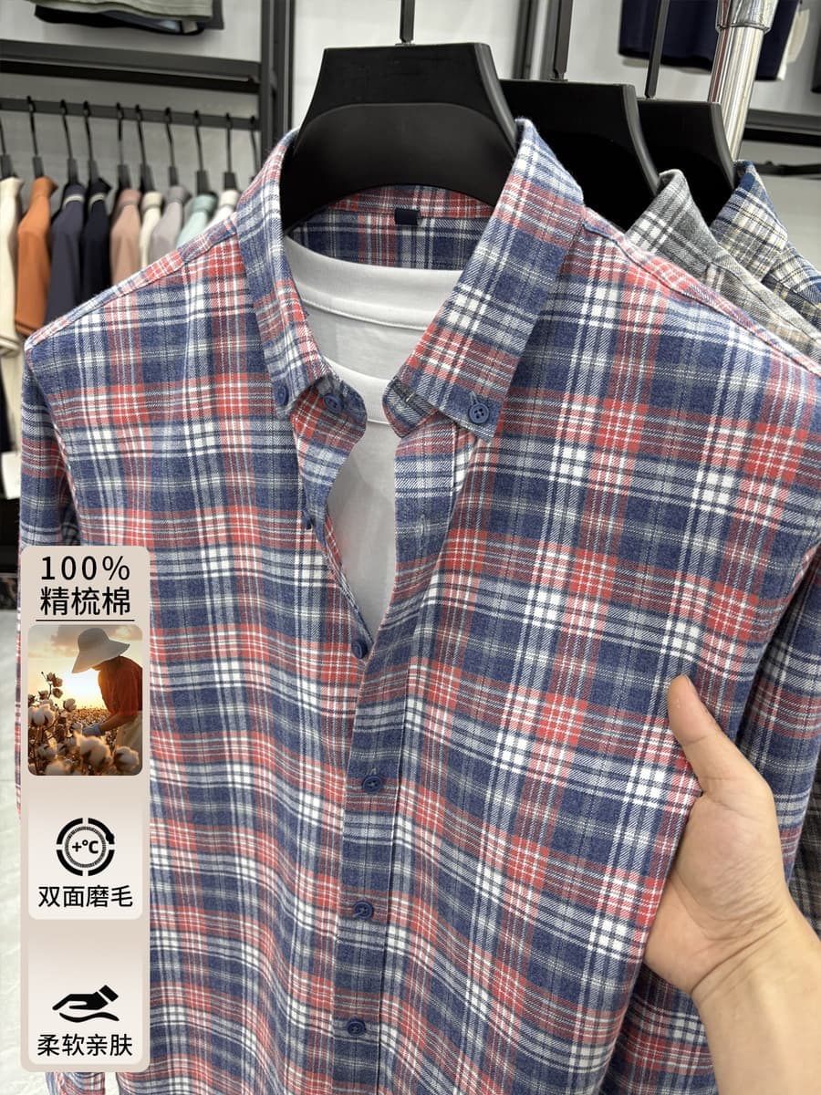 Новая осенне-зимняя мужская рубашка из чистого хлопка с начесом в клетку, синяя клетчатая, высококачественная повседневная...