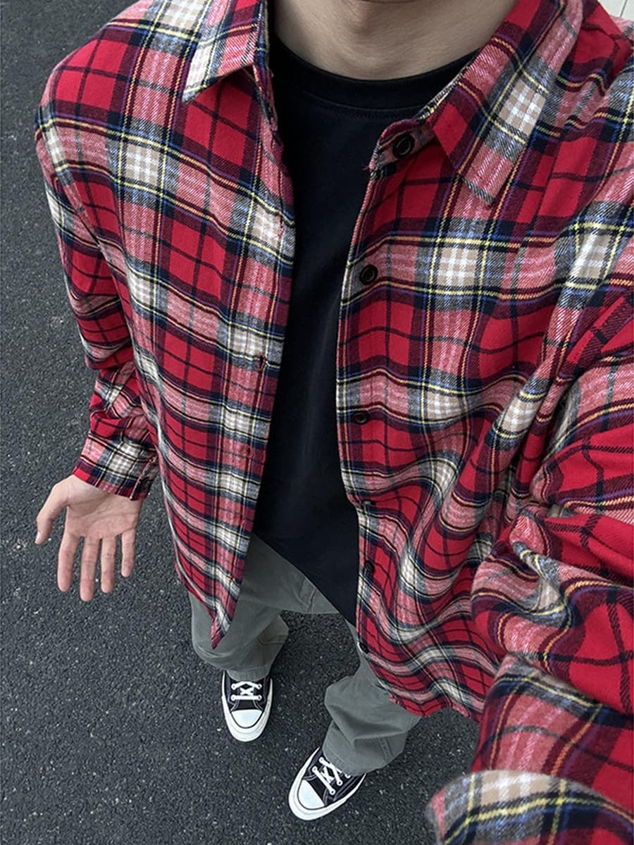 Мужская рубашка в клетку больших размеров, длинный рукав, весна-осень 2025, модный американский ретро стиль, свободный...