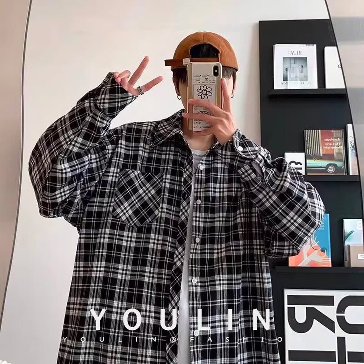Мужская рубашка в клетку больших размеров, длинный рукав, весна-осень 2025, модный американский ретро стиль, свободный...
