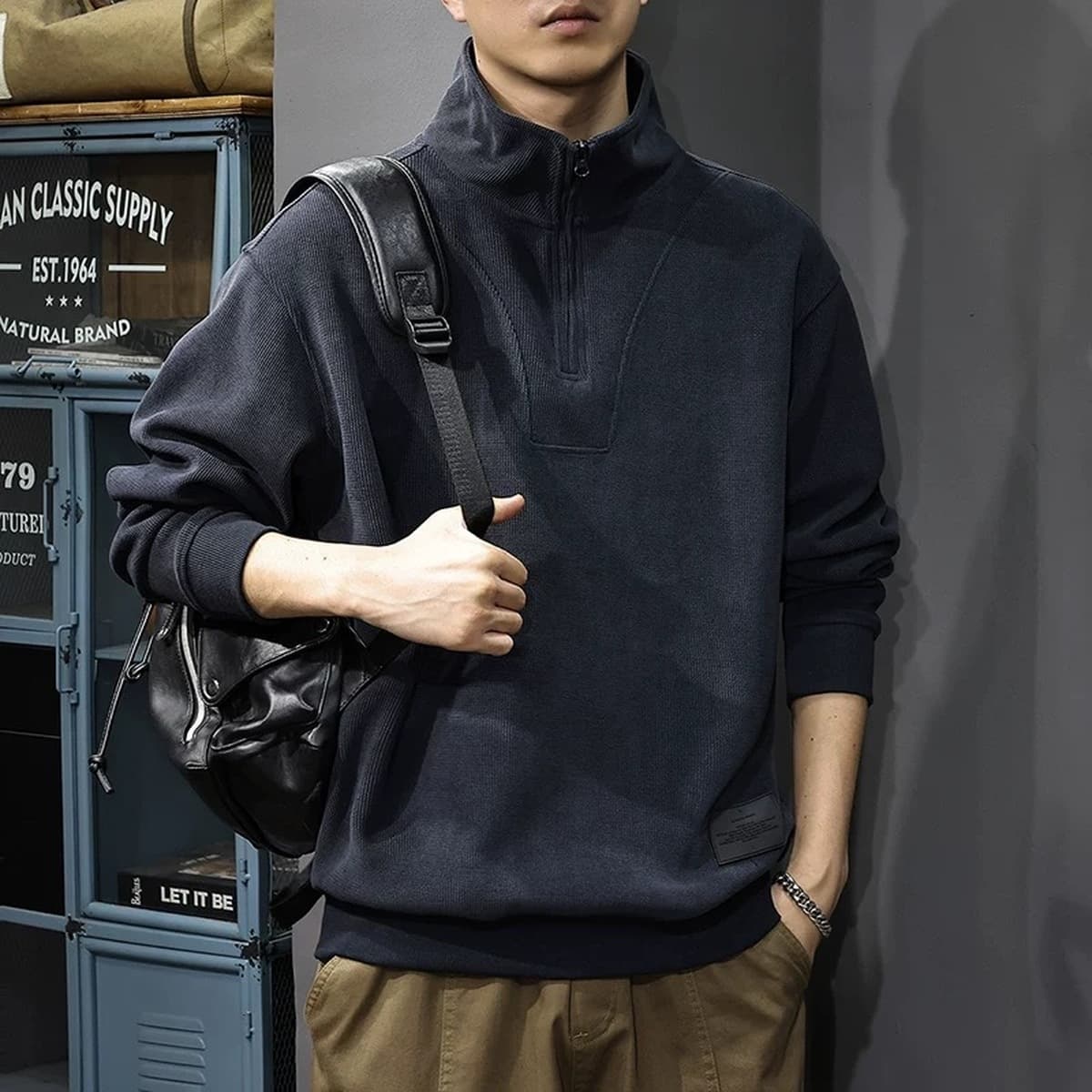 Осенний и зимний тяжелый свитер мужской американский ретро с длинными рукавами рубашка поло свободный пол-молния воротник...