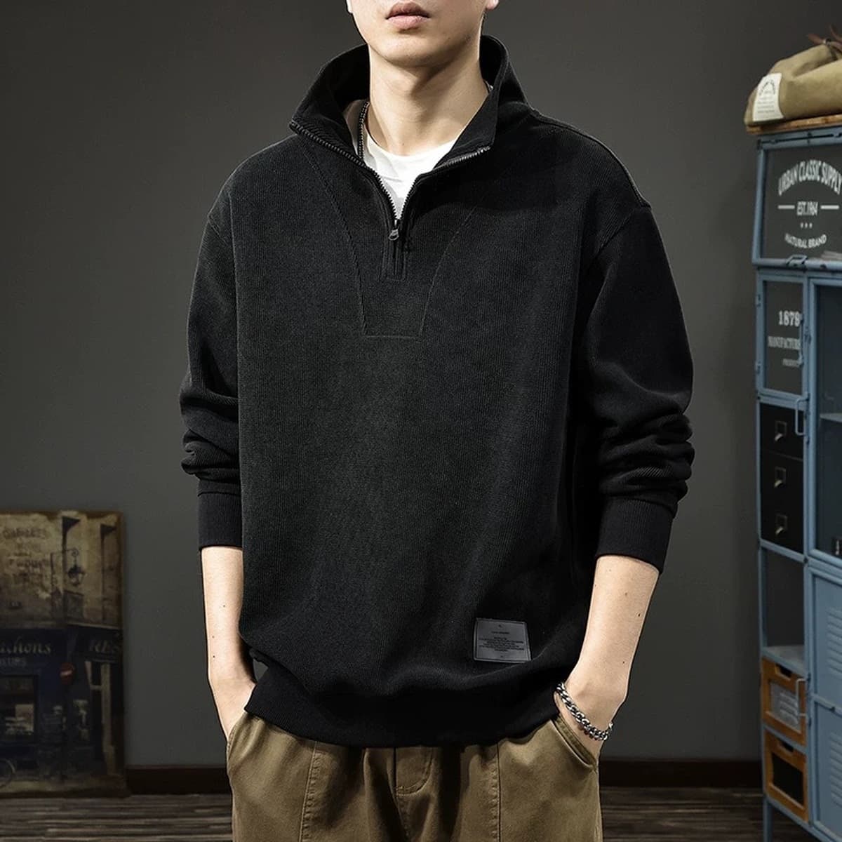 Осенний и зимний тяжелый свитер мужской американский ретро с длинными рукавами рубашка поло свободный пол-молния воротник...