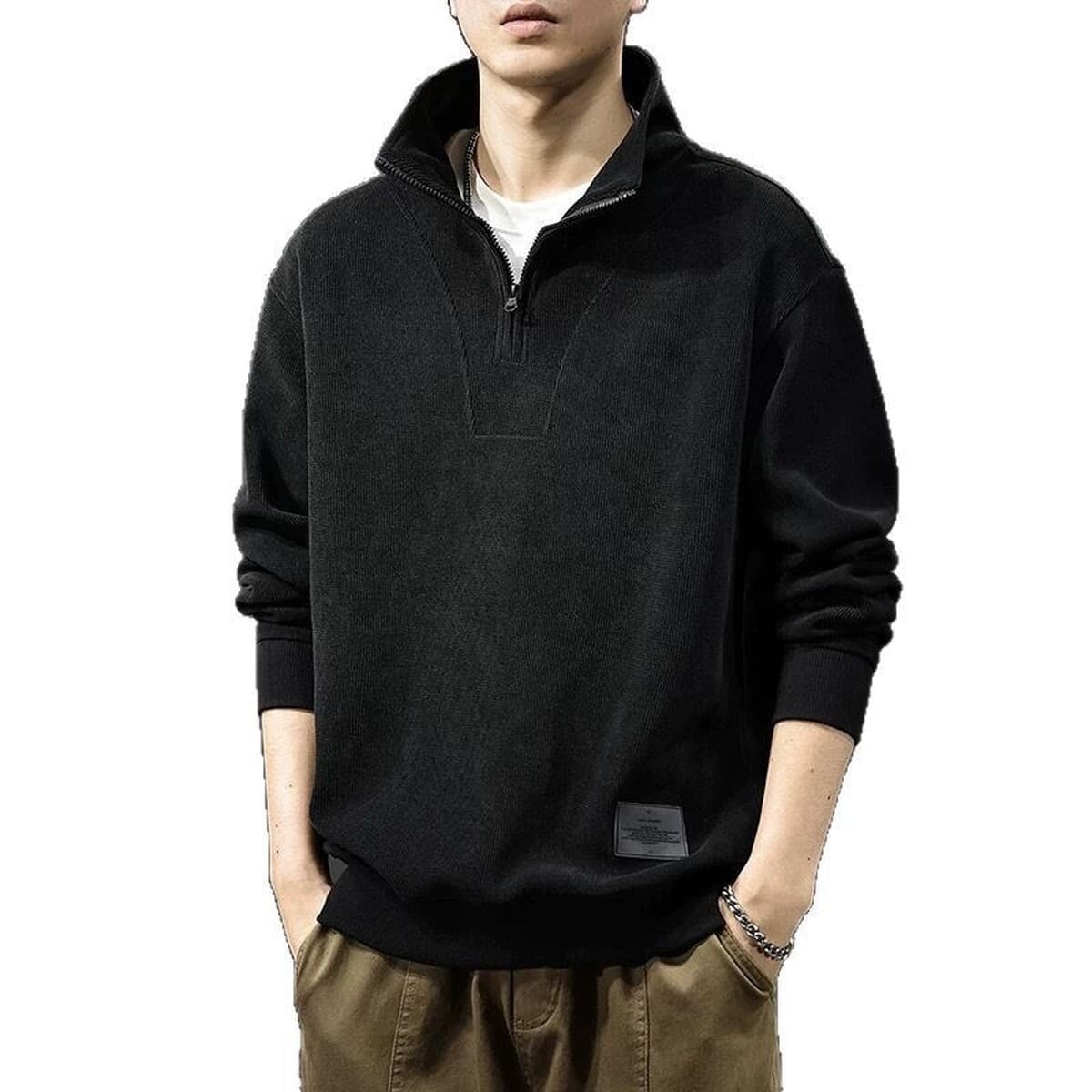 Осенний и зимний тяжелый свитер мужской американский ретро с длинными рукавами рубашка поло свободный пол-молния воротник...