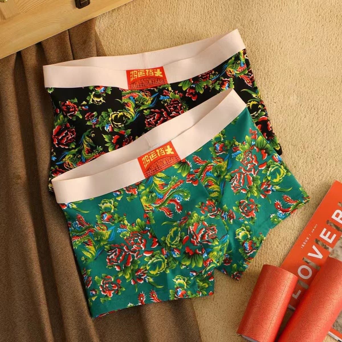 Мужские трусы-боксеры из чистого хлопка с крупным цветочным принтом в восточно-северном стиле, дышащие, комфортные,...