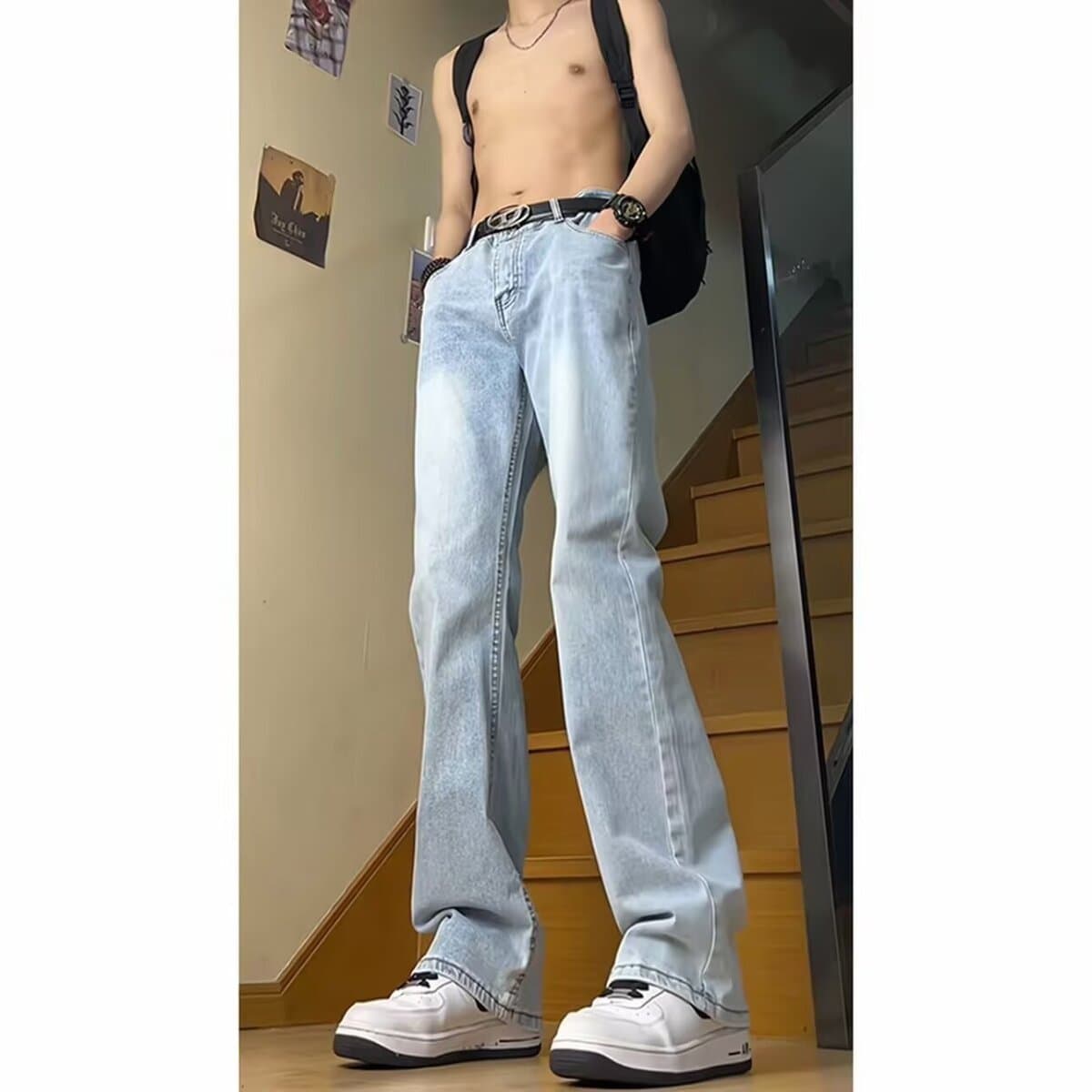 Ретро синие джинсы с высокой талией мужские осенние американские высокие уличные брюки vibe высокие стройные прямые брюки...