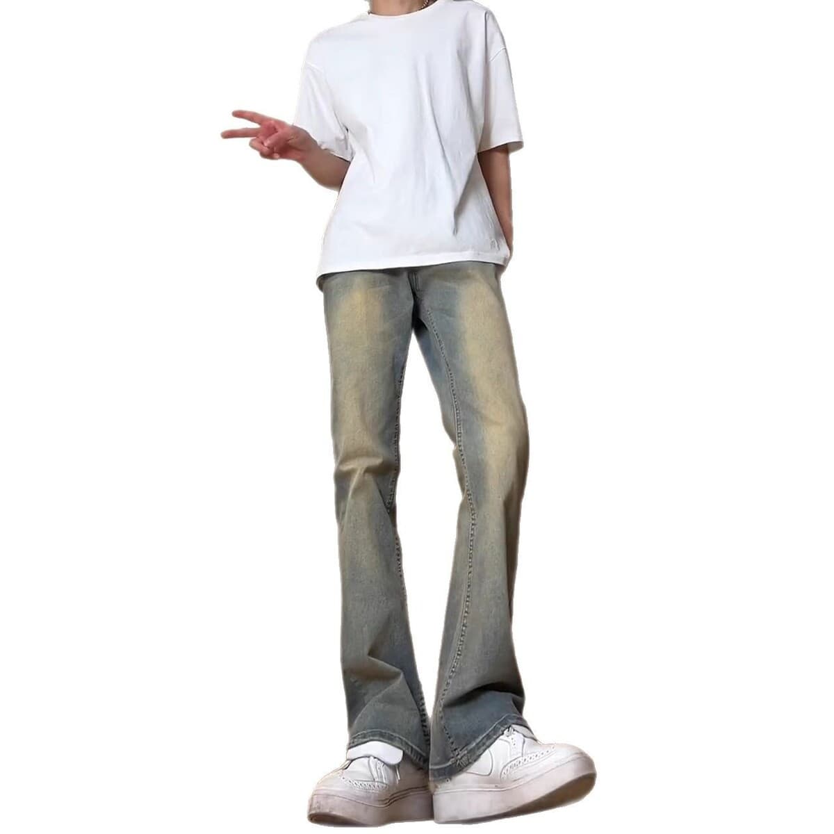 Американские брюки со средней и высокой талией для высоких мужчин, синие повседневные джинсы в стиле ретро, прямые брюки