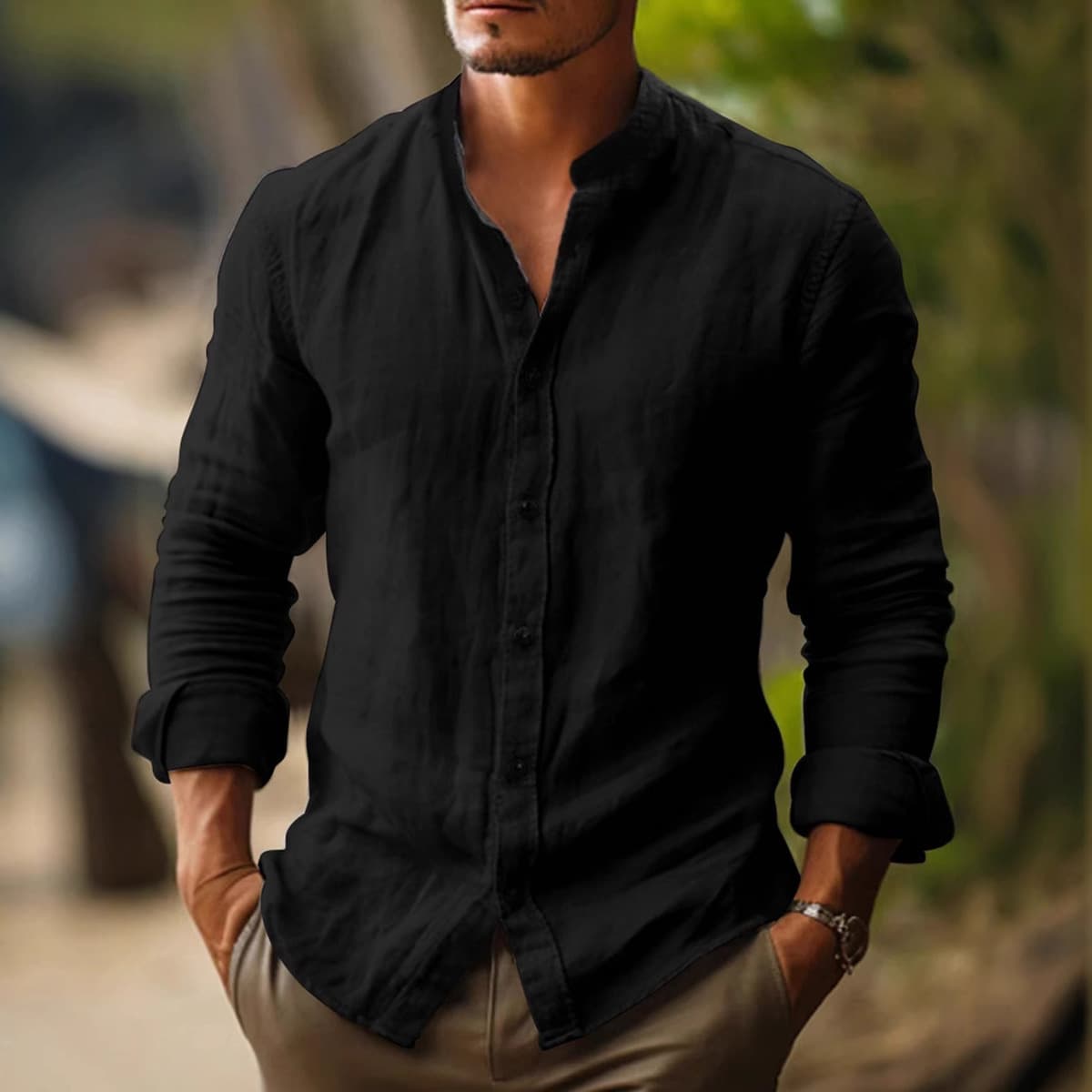 Трансграничные мужские льняные рубашки летняя пляжная рубашка с длинными рукавами простой стоячий воротник весной и летом...