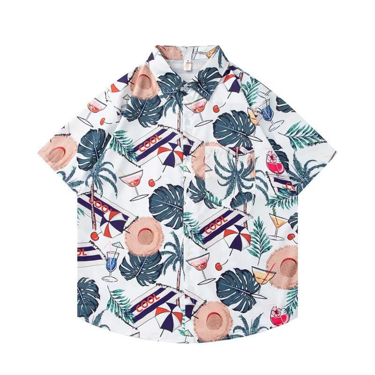 Мужская летняя рубашка с коротким рукавом из тонкой шелковистой ткани, гавайский цветочный принт, модная пляжная рубашка,...